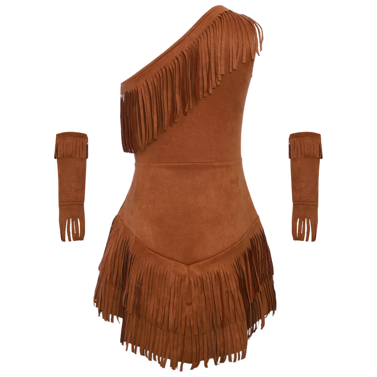 Kid Girls Native American Indian Princess Costume Halloween Cosplay Fancy Party Dress Up One Shoulder Fringe Suede Dress Sleeves