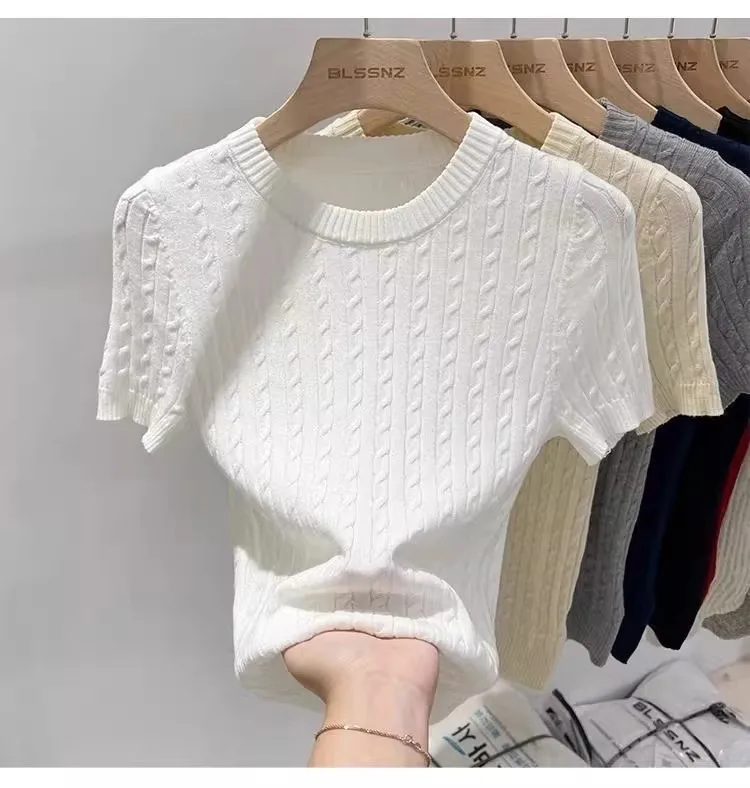 Zjaiss 2026 Summer Korean Retro Elegant Texture Short Sleeve O-Neck Twist Knit Top Women Soft Casual Versatile Thin T-shirt