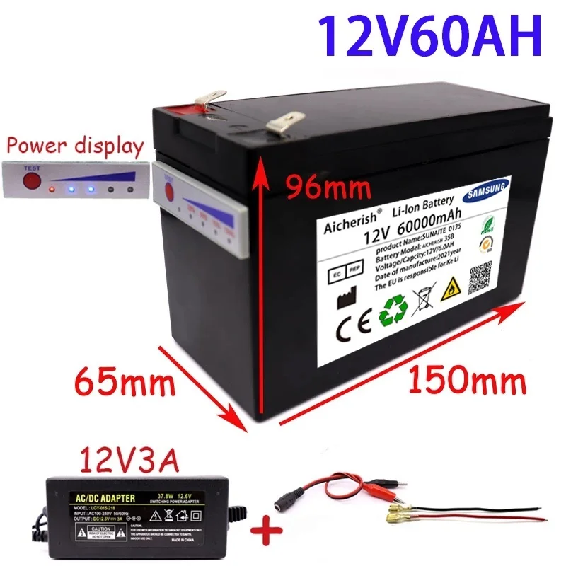 To 12V 60Ah 18650 Lithium Battery Pack 3S6P Built-In High Current 30A BMS For Sprayers Electric Vehicle Batterie 12.6V Charger