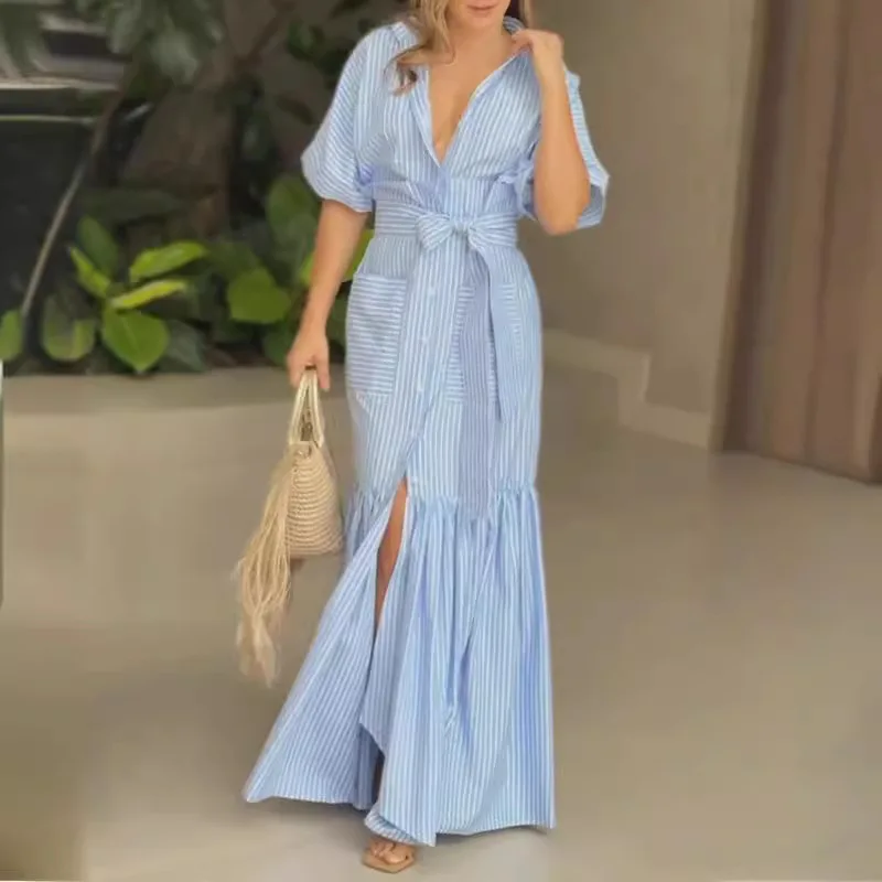 BAMBOOBOY Striped Shirt Dress Women with Sashes Summer Beach Woman Half High Waist Turn-down Collar Pocket A-Line Sundress