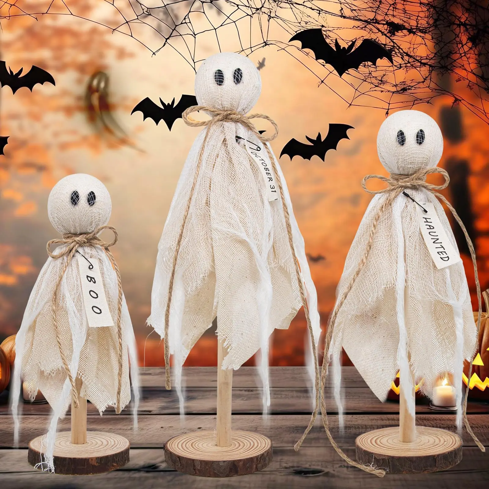 

Wooden Ghost Halloween Decorations Indoor 3 Sizes Rustic Shelf Sitters with Fabric Ghost Figures Halloween Table Decor for Tray