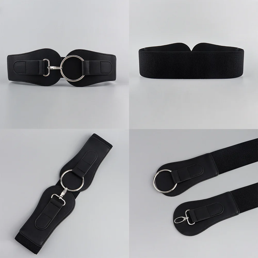 حزام جلدي عريض للنساء فاخر، حزام خصر مطاطي عتيق، إبزيم دبوس بري، تصميم ختم أنيق للفساتين