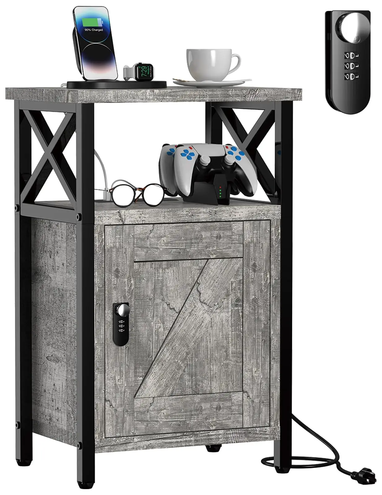 

Rustic Gray Wood Nightstand With Lockable Cabinet, Charging Station (3 USB + 2 Outlets), Open Shelf For Bedroom Or Living Room