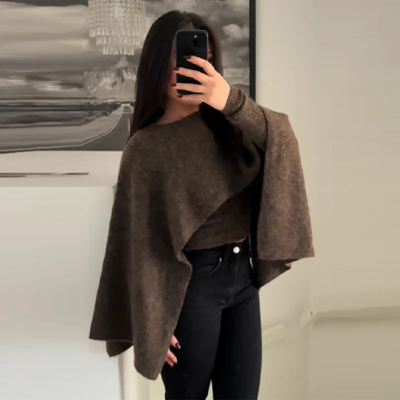 أنيقة عارضة تريكو سيدة أزياء أنيقة متواضعة الكلاسيكية تنوعا بسيطة كيب القمم حزب العصرية الخريف الإناث محبوك البلوزات