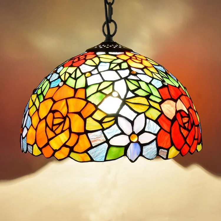 

Stained Glass Pendant Lamp Tiffany Handmade Pastoral Creative Antique Red Rose Chandelier