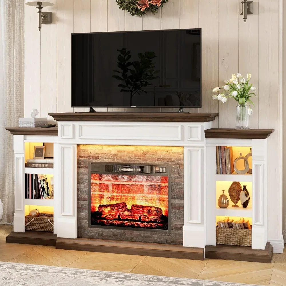 

70" Electric Fireplace with Mantel and Cabinets, Fireplace TV Stand for Living Room Bedroom, LED Light, Stacked Stone Surround