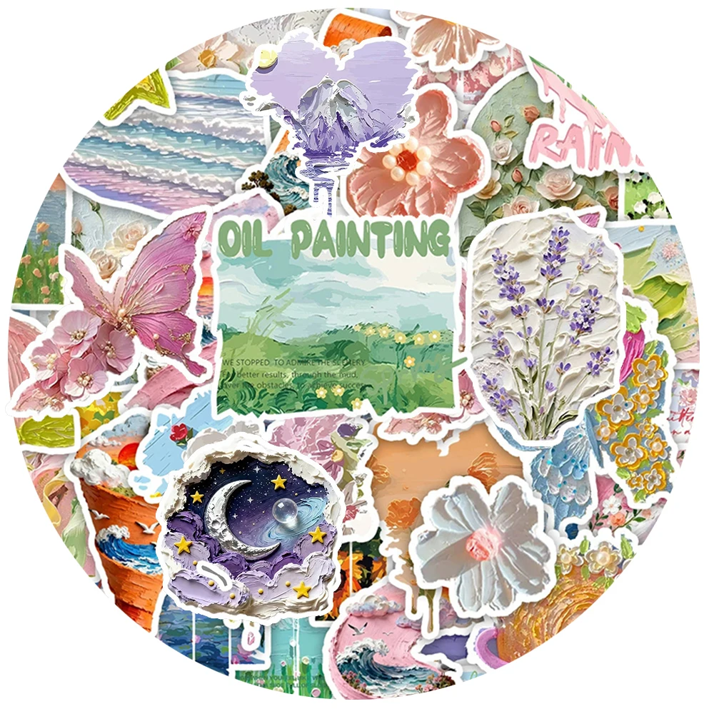 

10/30/50pcs Kawaii Flower Aesthetic Oil Painting Stickers Cute Ins Style Scenery Sticker DIY Suitcase Notebook Phone Decals Gift