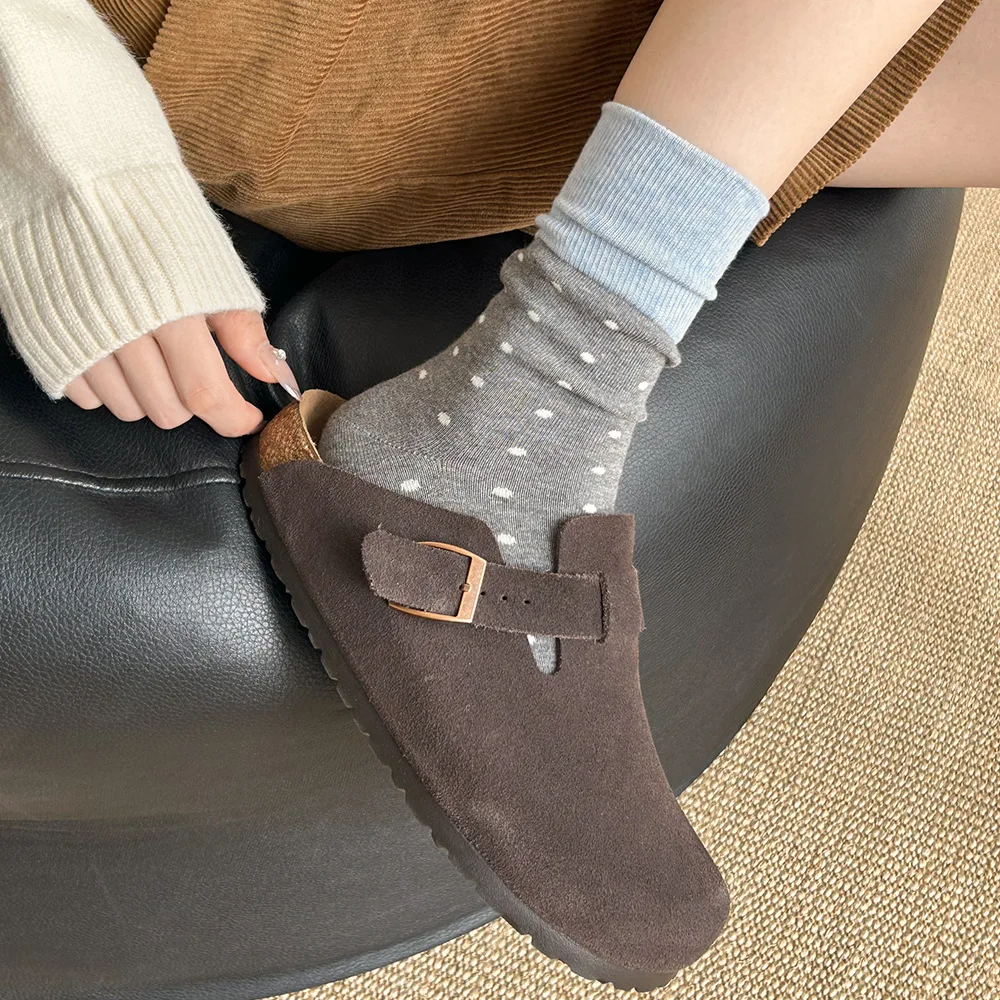 5 Pairs Gray Dot Socks for Women Mid-Calf Length Cotton Japanese Style Grip Socks Fall Winter Women's Socks Set High Quality