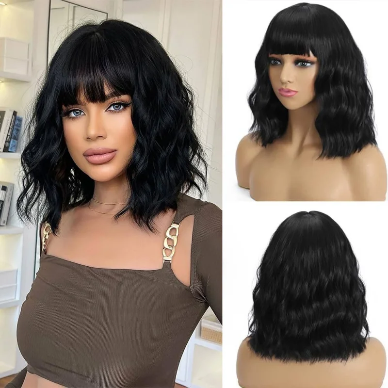 

European and American Style Women's Bob Wig Short Wavy Curly Air Bangs Realistic Hair Bob Medium Length Wig
