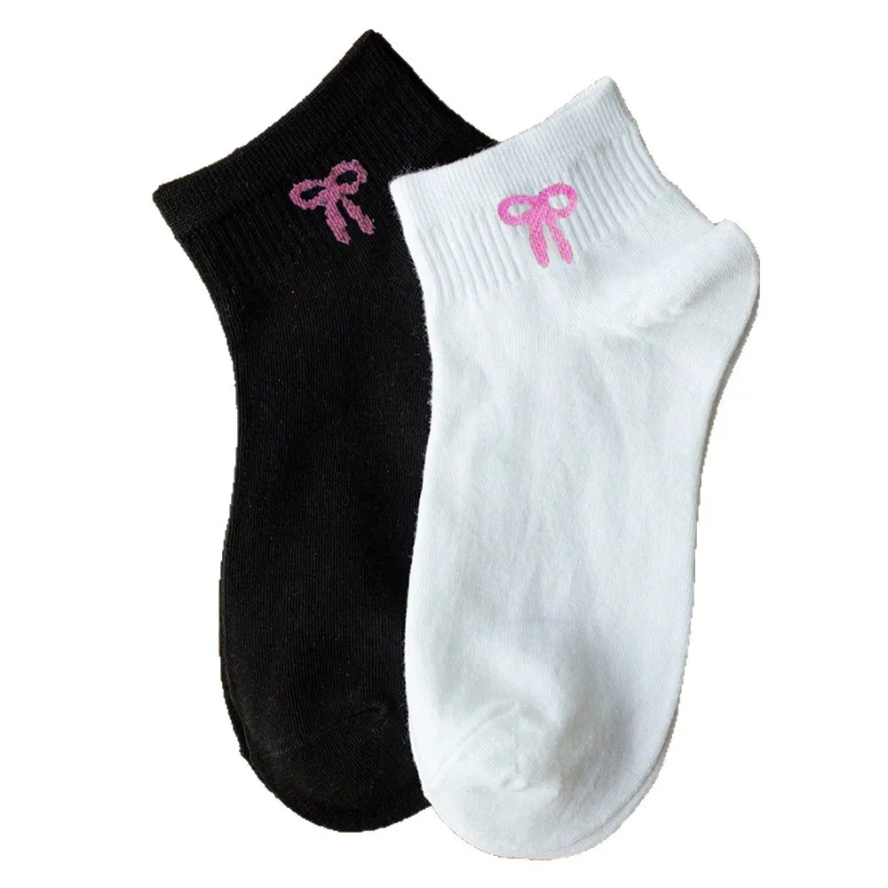 5 Paar Damen-Socken mit niedlichem Schleifenmuster, schwarz, weiß, für Frühling und Herbst, schweißabsorbierend, atmungsaktiv, weich, bequem, lässig – Detail 5