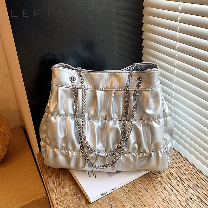 

LEFTSIDE Women's Silver Shiny Ruched Chain Tote Bag Stylish Minimalist Aesthetic Daily Casual Shoulder Bag 2026 New Handbags