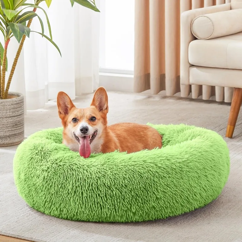 Calming Dog Bed & Cat Bed, Anti-Anxiety Donut Dog Cuddler Bed, Warming Cozy Soft Dog Round Bed, Fluffy Faux Fur Plush   Cat