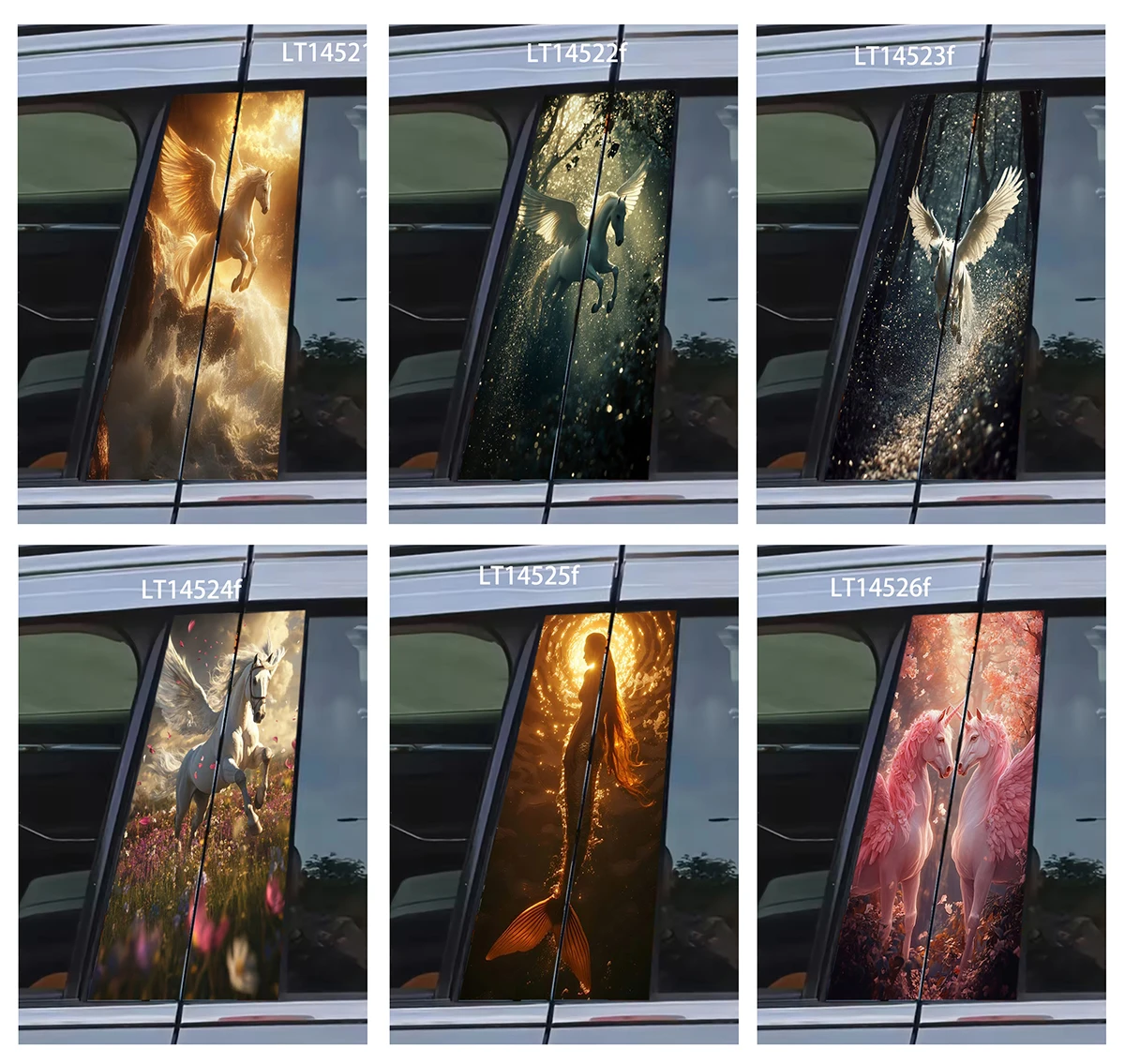 Car Pillar Stickers Pegasus Mermaid Fantasy Magical Animal Door Decals Waterproof B Column Anti Scratch Vinyl Exterior Decor