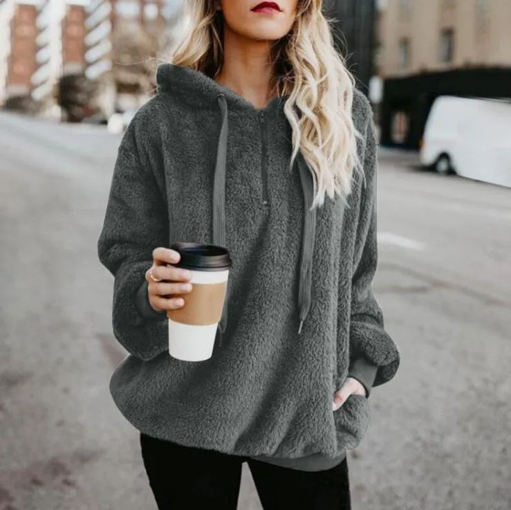 Women Casual Plush Hooded Sweatshirt Half Zip Drawstring Design Long Sleeve Front Kangaroo Pocket Relaxed Winter Pullover