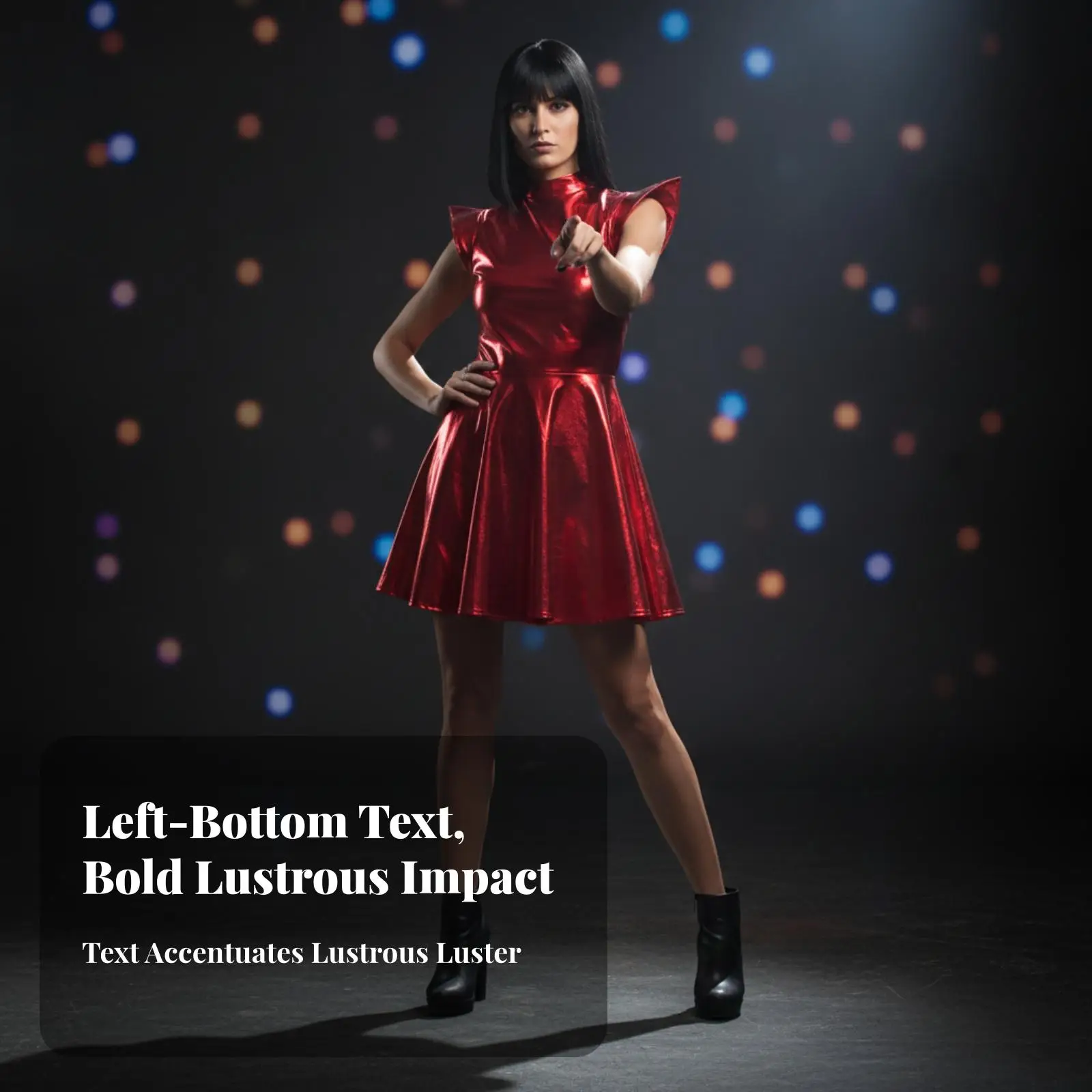 Glossy Faux Leather Women Party Dress Structured Pointed Shoulder Flared Skirt for Themed Party Stage Performance
