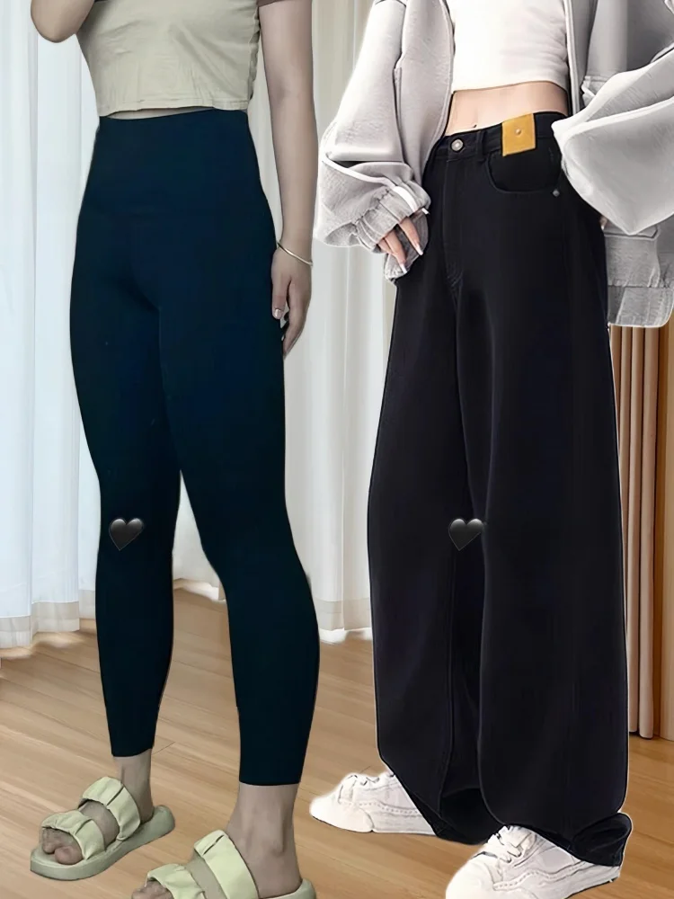 

plus Size American Style Fleece Lined Thick Straight Leg Jeans Women Spring High Waist Loose Slimming Wide Leg Pants