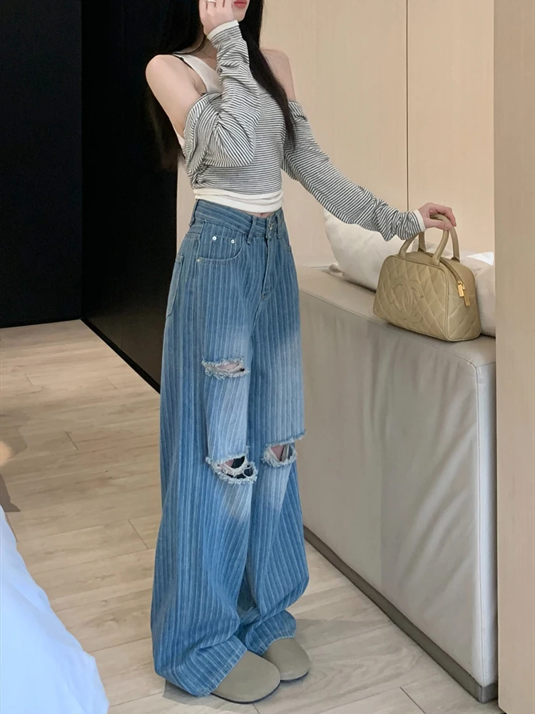 Women Jeans High Waist Retro Ripped Wide Leg Pants Straight Leg Jeans Hollow-out Pants Women's Casual Street Pants Multip