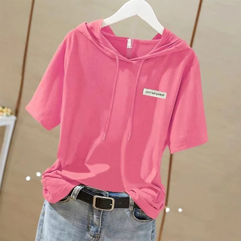 Women\'s 2024 New Summer Solid Color Letter Hood Pullovers Fashion Casual Loose Commuter Versatile Short Sleeve T-shirt Tops