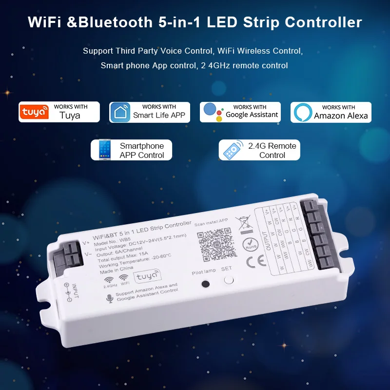 WiFi 5 in 1 LED Controller Tuya Alexa Google Home Voice Control RGB RGBW CCT Led Strip Dimmer Blue tooth APP RF Remote 12V 24V