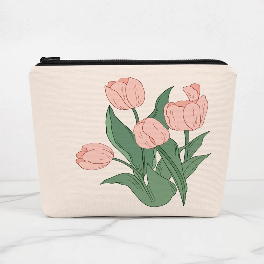 Pink Tulips With Green Leaves Makeup Bags for Girls Cosmetic Pouch Toiletry Bag Pencil Case Travel Storage