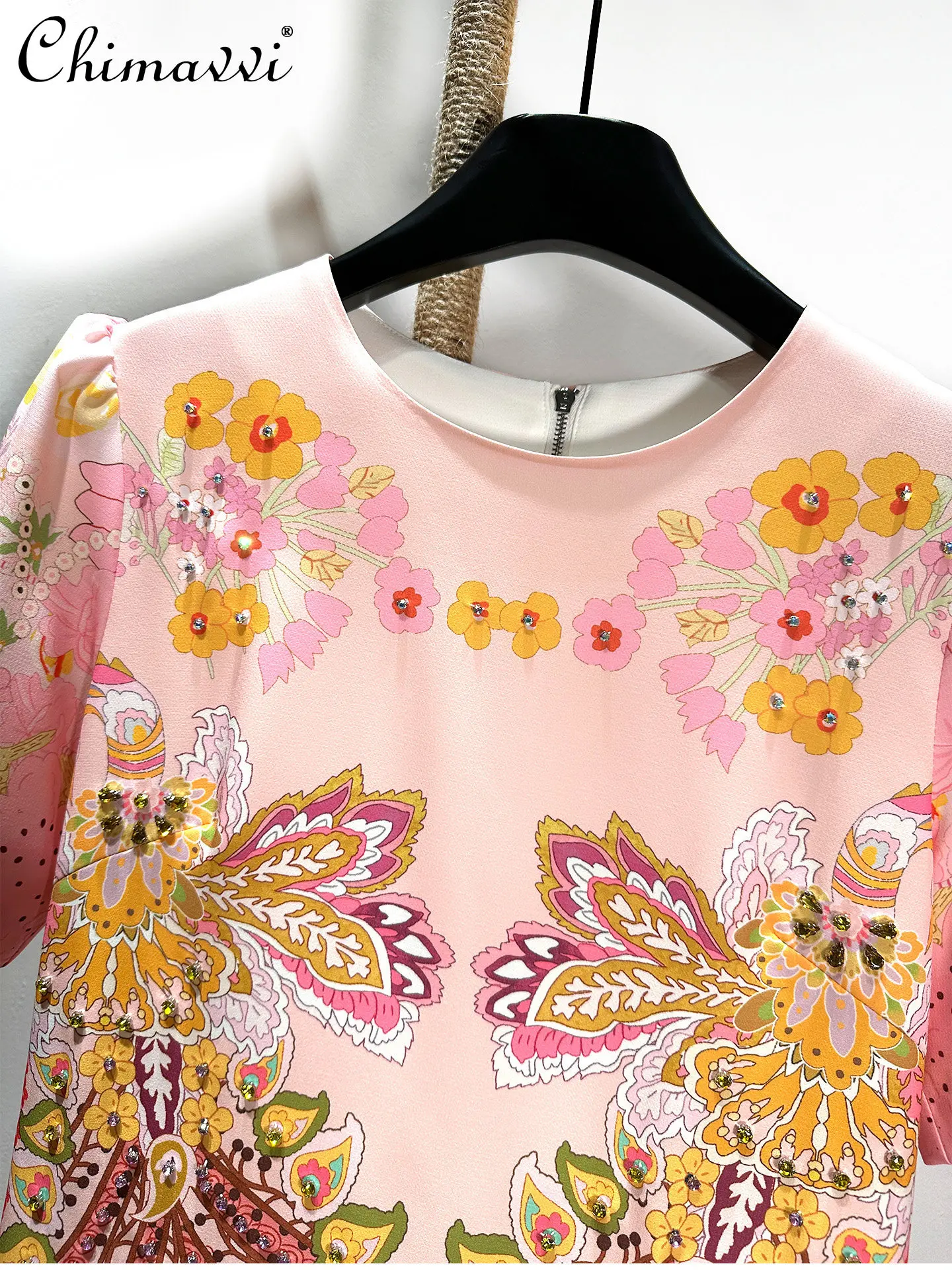 

French-style Elegant Heavy Rhinestone Short-sleeved Pink Dress Spring Summer New Fashion Round-neck Slim Vintage Party Dress