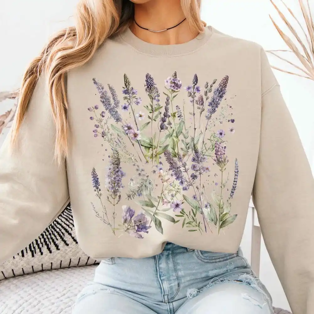 خمر الخزامى الربيع Cottagecore سترة المرأة طباعة سترة الراحة طويلة الأكمام الصوف Crewneck Y2K البلوز الشارع الشهير #5