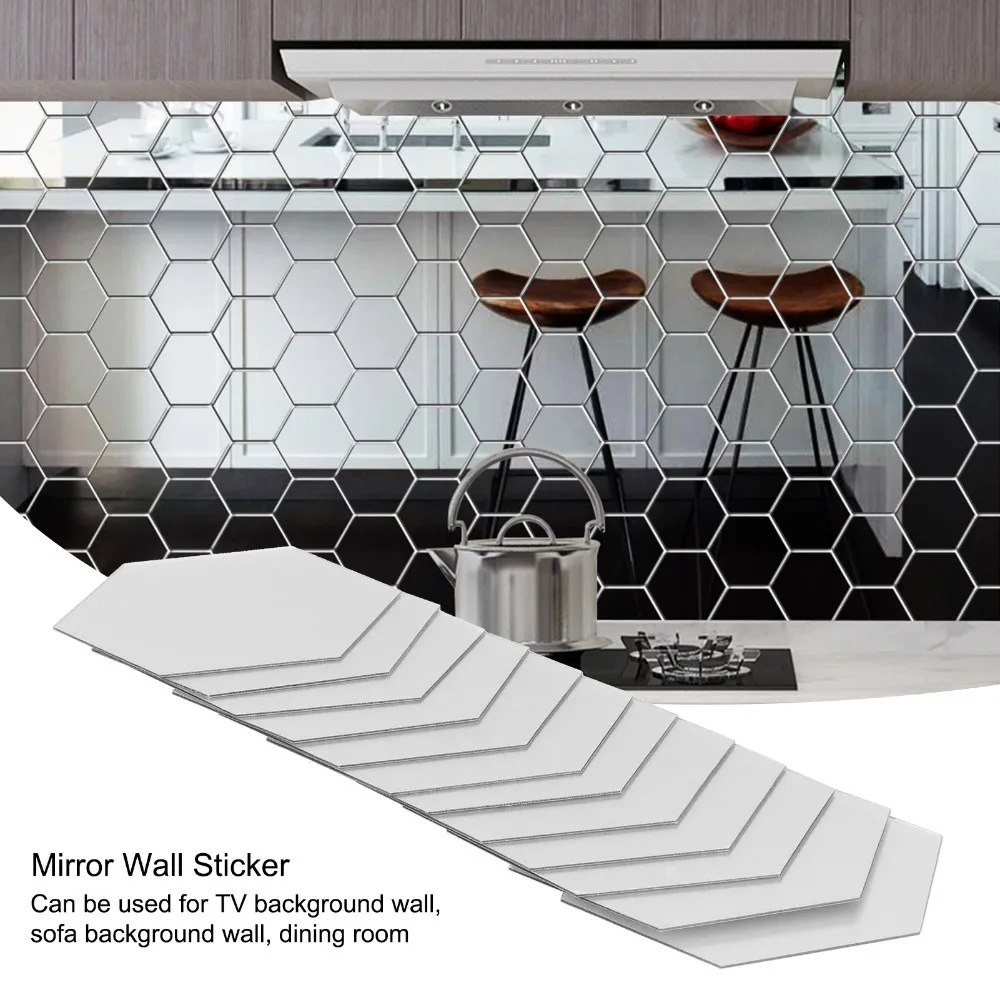 12 Pcs Acrylic Acrylic Mirror Sticker Self Adhesive Silver Hexagon Wall Mirror Sticker Hexagonal Shape 10cm