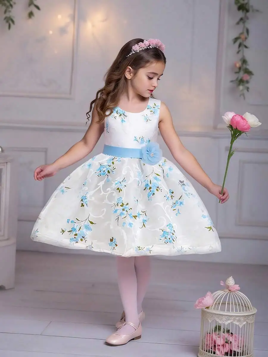 

Sleeveless Round Neck Floral Print Tulle Evening Dress With Sash