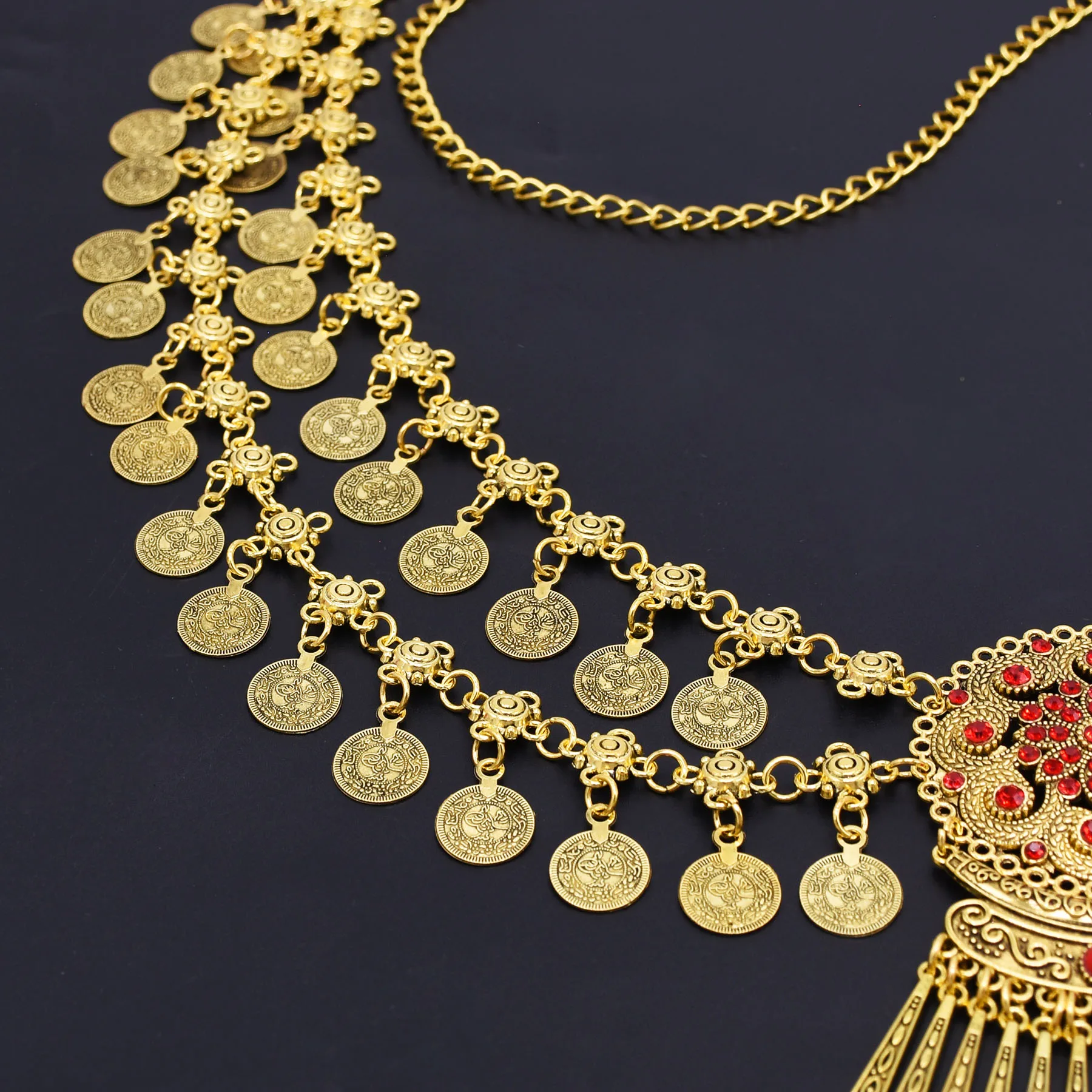 الرجعية طبقة مزدوجة عملات شرابة الرقص الخصر سلسلة شخصية نمط حجر الراين الهندسة الكرندية العرقية القبلية البطن التبعي