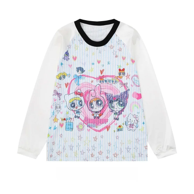 

Свободная футболка с длинными рукавами и граффити, женская футболка с круглым вырезом в американском стиле для летающих девушек, милый топ в корейском стиле