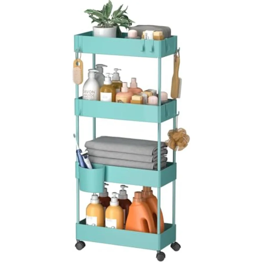 

Slim 4-Tier Rolling Storage Cart with Wheels for Bathroom Kitchen Laundry Room Office Narrow Space Turquoise Organizer