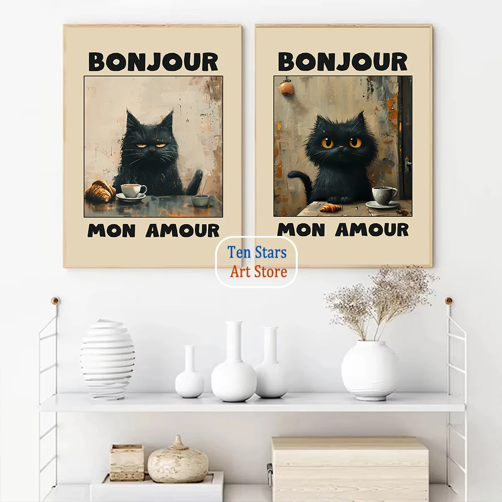 لو تشات نوير جرين بونجور مون أمور عمل فني مضحك القط الأسود الإفطار المشارك حائط لوح رسم صور ديكور مطبخ المنزل #3