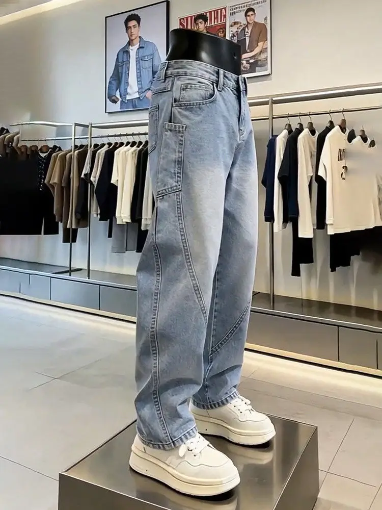 Light Blue Patchwork Knife  Jeans Men Summer American Style Casual Workwear Straight Loose Wide Leg Pants