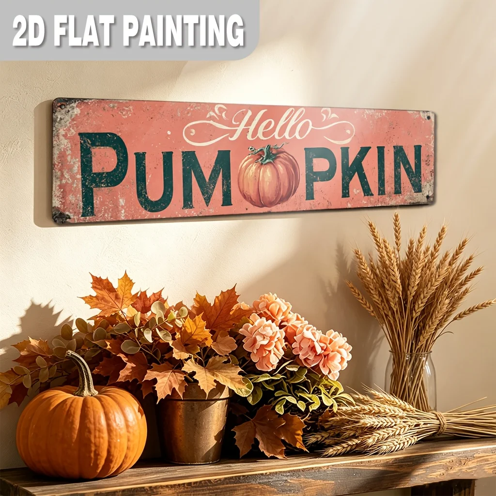 CIFBUY Vintage Fall Metal Sign Hello Pumpkin Autumn Harvest Greeting Wall Decor Waterproof Durable Aluminum Wall Art For Porch