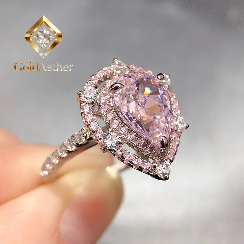 

GoldNouveau 2Ct 10*7mm Pear Cut Lab Created Pink Gem Engagement Diamond Ring for Women Solid 14K White Gold Jewelry Water Drop R