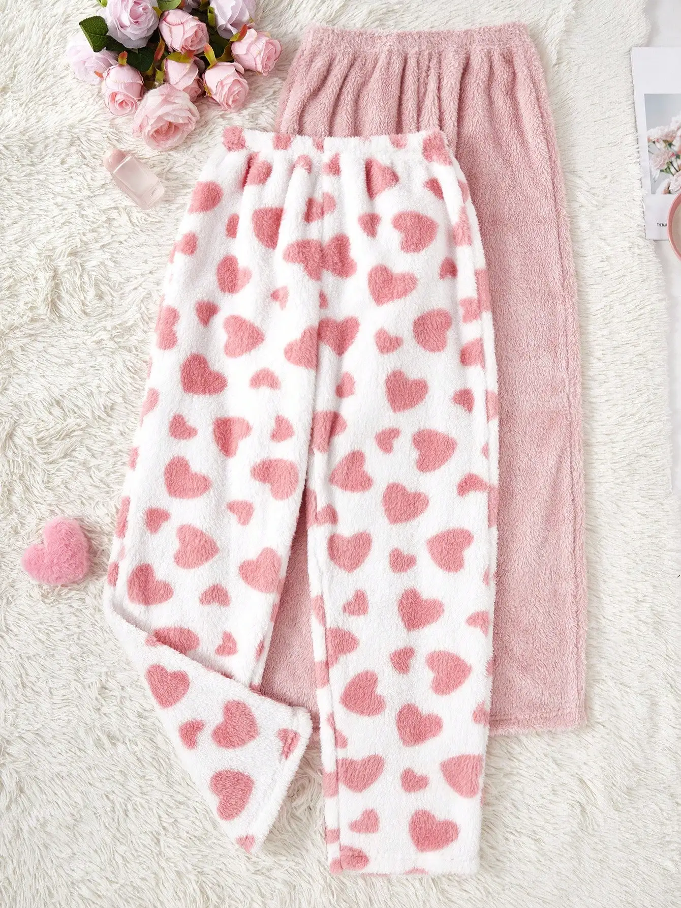 

2-Pack Women's Heart Print Fuzzy Flannel Pajama Pants Set - Cozy Winter Lounge Wear