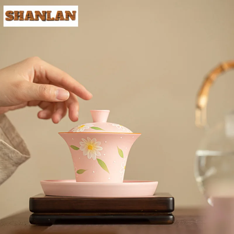 120ml Luxury Pure Hand-painted Small Daisy Gaiwan Japanese Powder Yin Tea Tureen Tea Maker Cover Bowl For Tea Accessories Gift