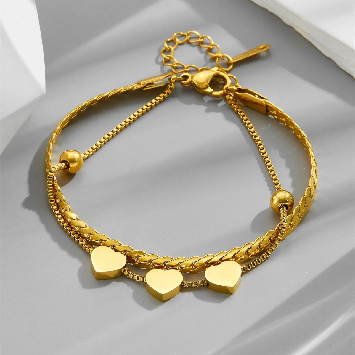 316L Stainless Steel New Fashion Upscale Jewelry 2 Layer Lovers Love Heart Beaded Charm Thick Chain Bracelets Bangles For Women