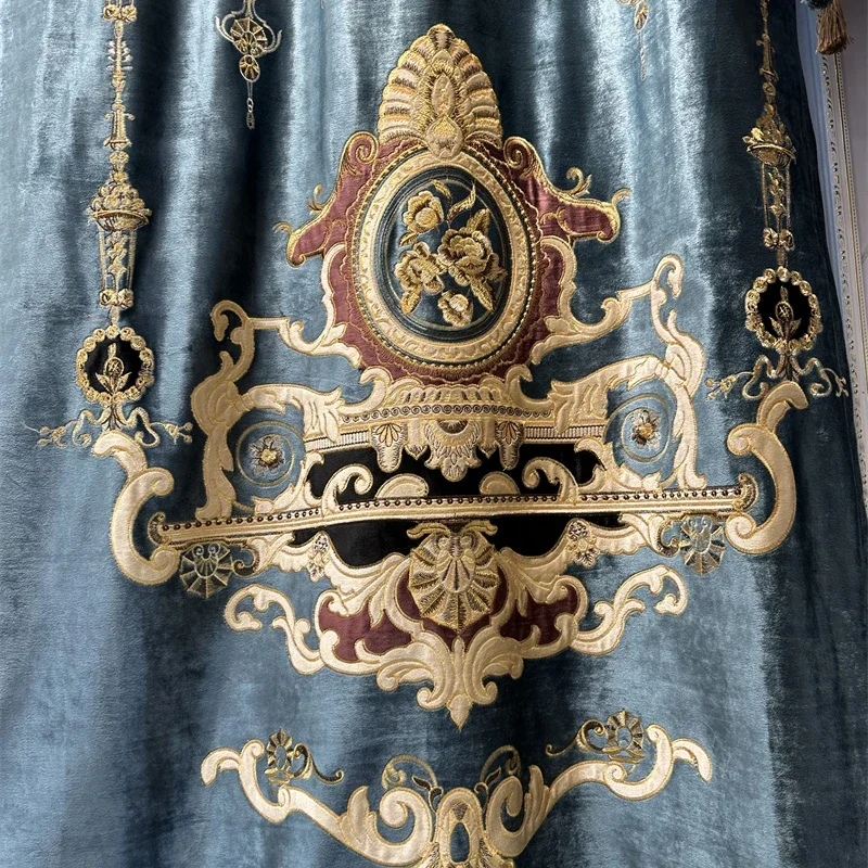 Embroidered Velvet Curtains For Bedroom Kitchen Hotel Top Luxury Villa Curtains For Living Room Blue High-quality Custom Valance