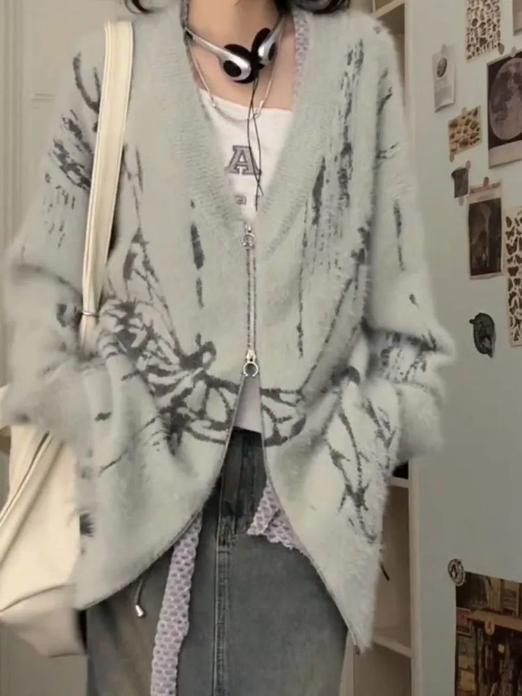 

Japanese Subcultural Graffiti Print Vintage Sweaters Autumn Winter New Knitted Top for Women Y2k Loose Long Sleeve Cardigan Coat