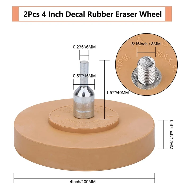 Roda penghapus karet Decal 2Pcs, perekat penghilang roda karet Solid dengan bantalan & adaptor bor, alat penghilang perekat