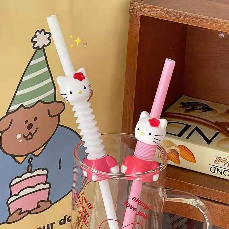 2pcs 20cm Cute HelloKitty Drink Straw Reusable Retractable Bending Art Straws Can Be Used As Decoration