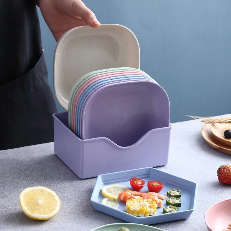 

10pcs Snack Plate Macaron Color Simple Straw Bone Spitting Plate Set Candy Fruit Cookie Cake Storage Tray Kitchen Accessories