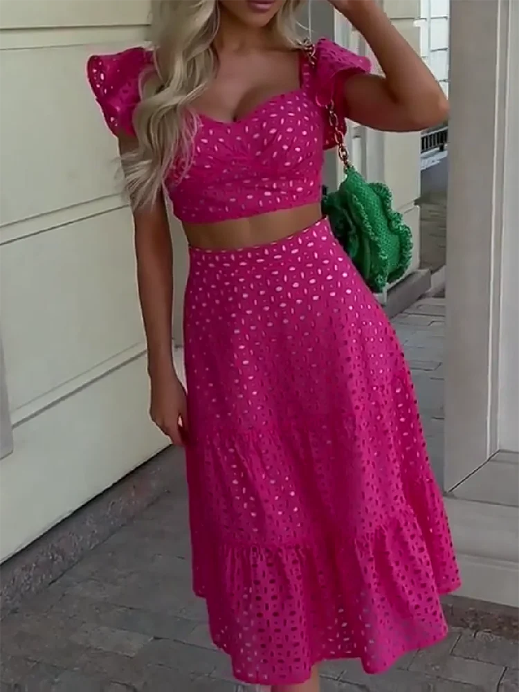 

Summer Short Sleeve Slim Fit Party Outfit New Lace Hollow Holiday Suit Female Casual Off Shoulder Top and Long Skirt 2 Piece Set