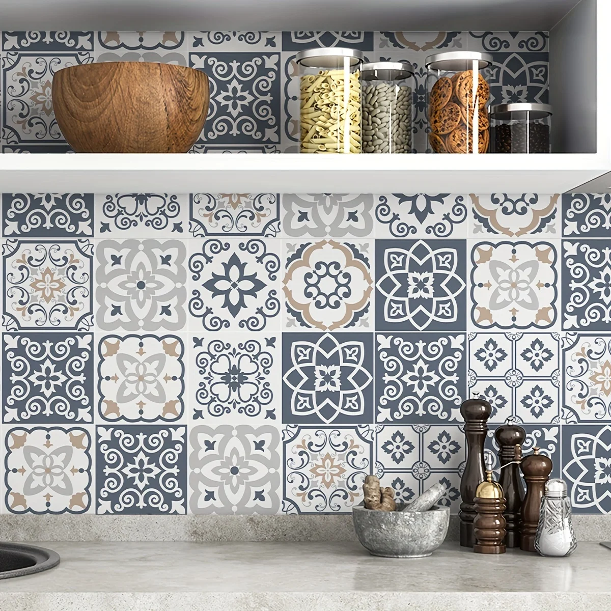 1 roll Mediterranean style pattern moisture-proof waterproof oil-proof kitchen wallpaper PVC thickened self-adhesive removable b