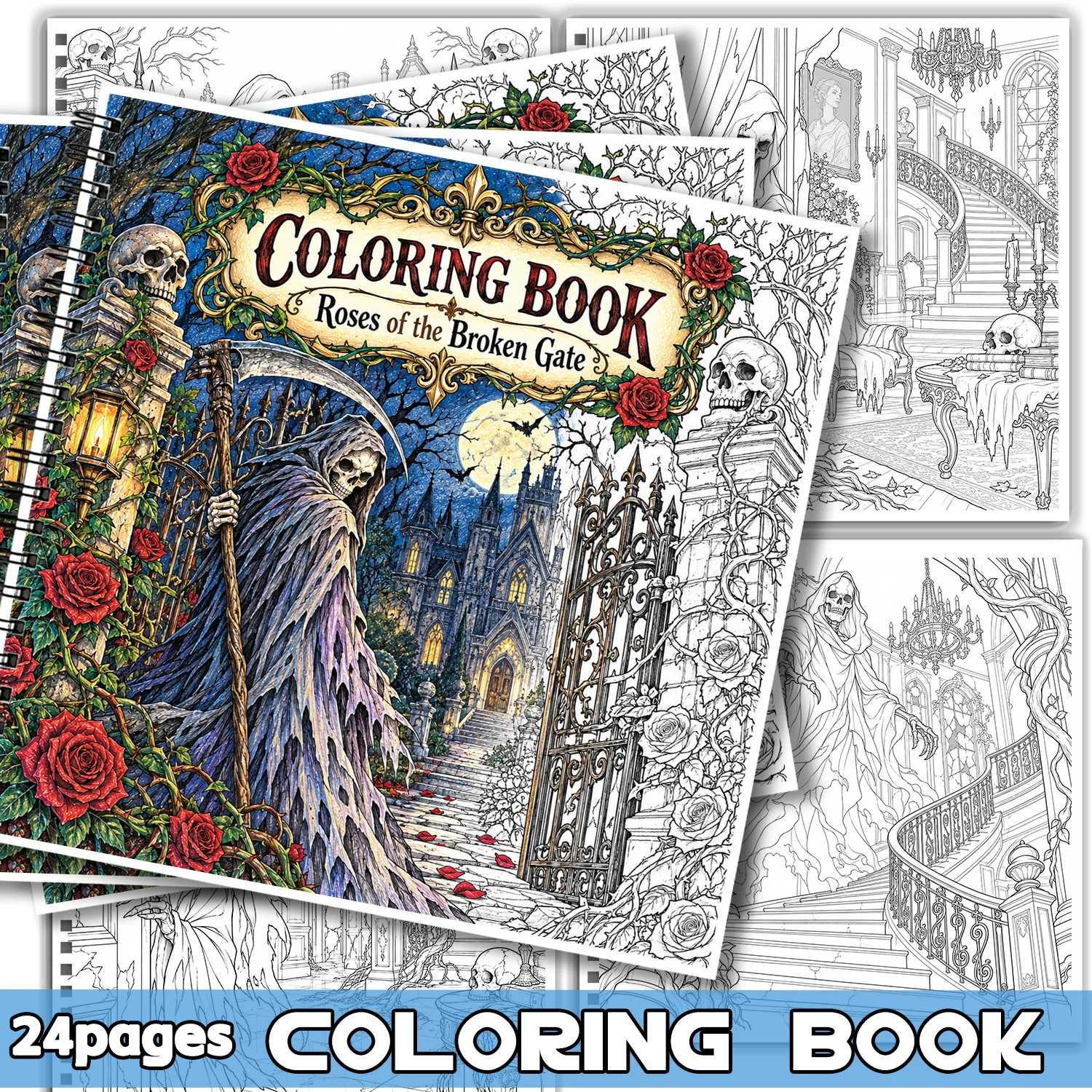 Spiral Binding Coloring Book Roses of the Broken Gate Gothic Art for Adults, Showcasing Creativity & Relieving Stress, 24 Pages