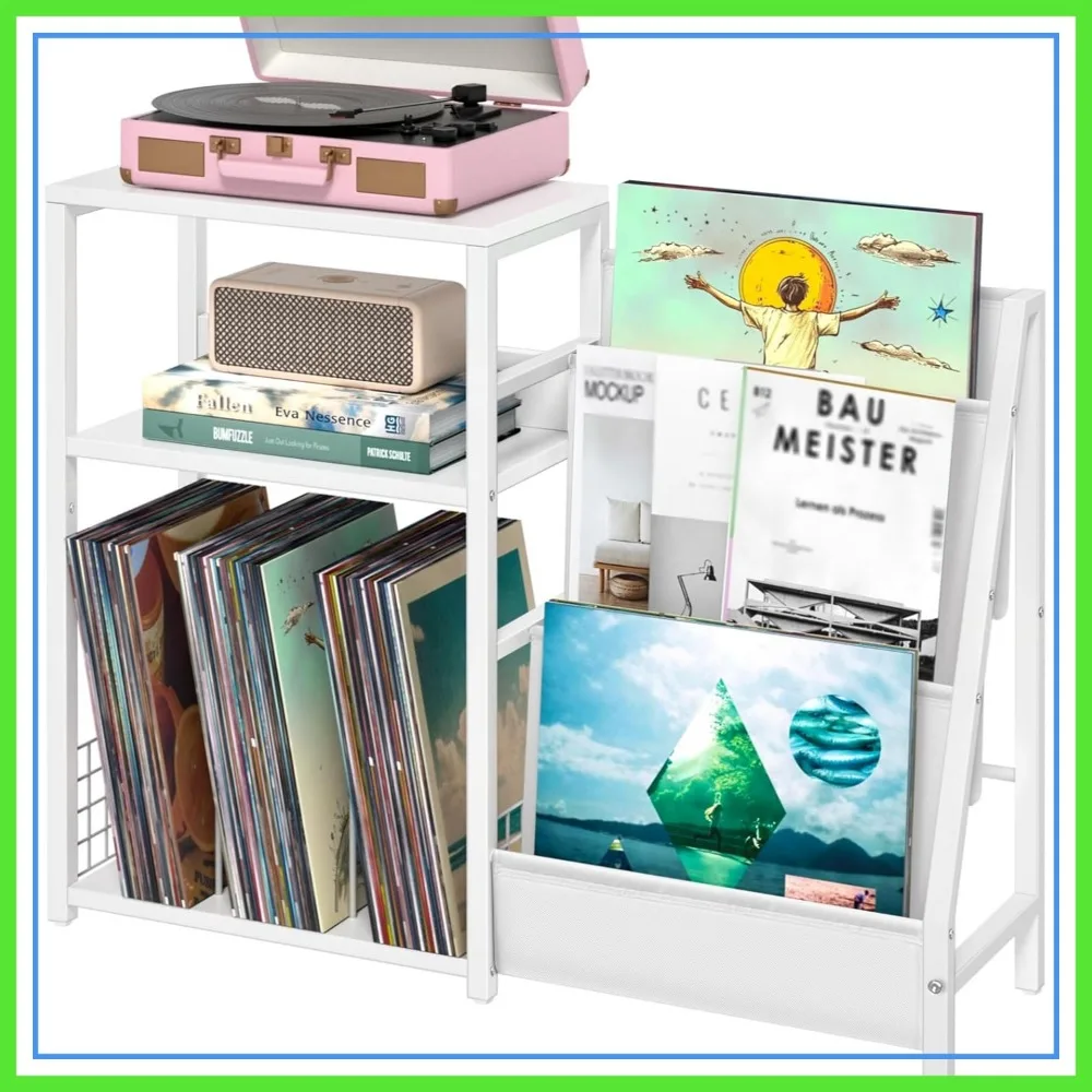 Record Player Stand with Vinyl Storage for 150 Albums, White Side Table with Magazine Rack, 3-Tier Metal Holder for Room Office