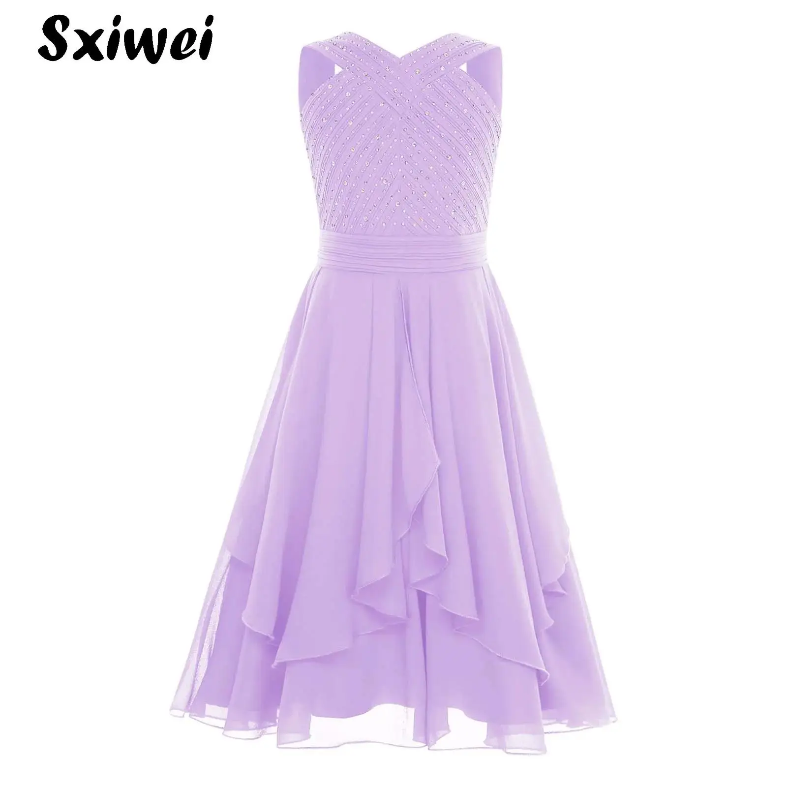 

Kids Girls Elegant Chiffon Party Gown Sleeveless Sparkly Rhinestone Pleated A-line Dress for Wedding Birthday Banquet Prom