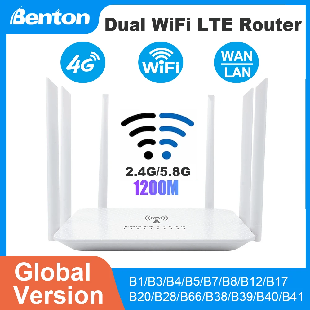 

Benton Dual Band WiFi 4G LTE Router 2.4GHz 5.8GHz WiFi Repeater 4G SIM WiFi Router VPN CPE Router for SIM Card 4G Modem WAN LAN