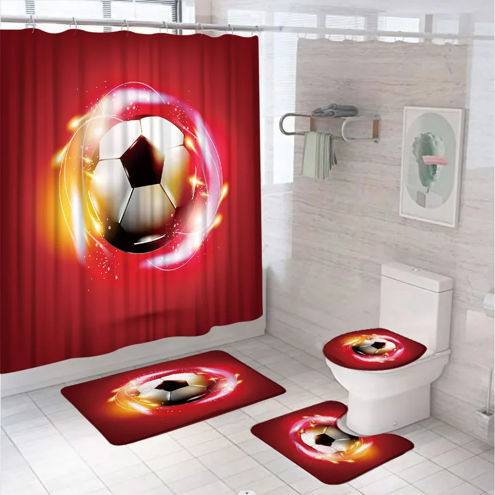 Flame Soccer Shower Curtain Set Football Game Sport Bathroom Curtains Fabric Screen Decor Non-Slip Rug Toilet Lid Cover Bath Mat